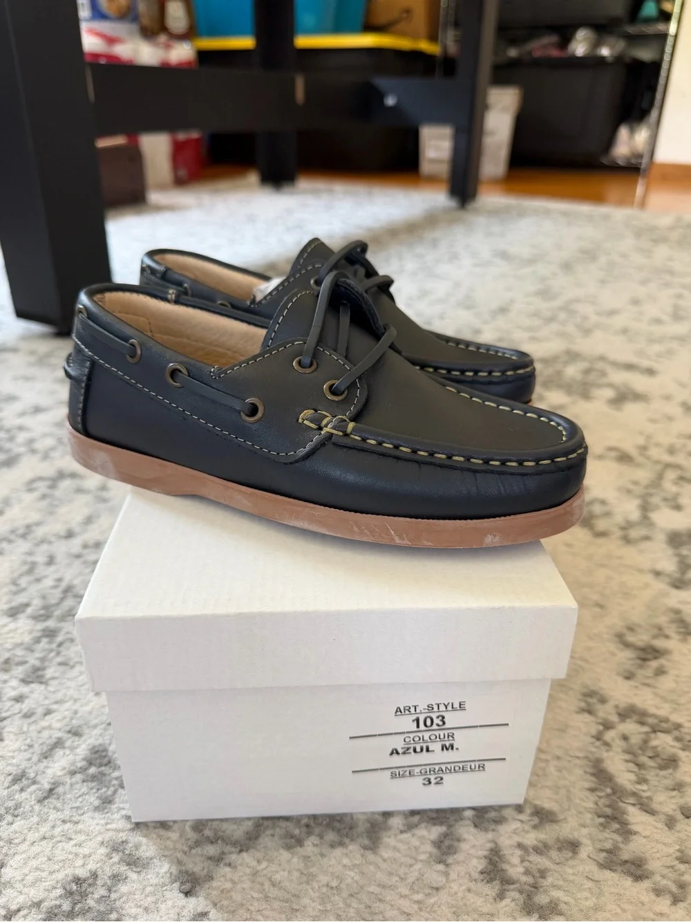 Kids Casual Boat Shoes in Navy with Tan Sole
